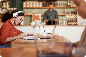 article cards - in post (300 x 200 px) (3) woman with headphones at coffeeshop